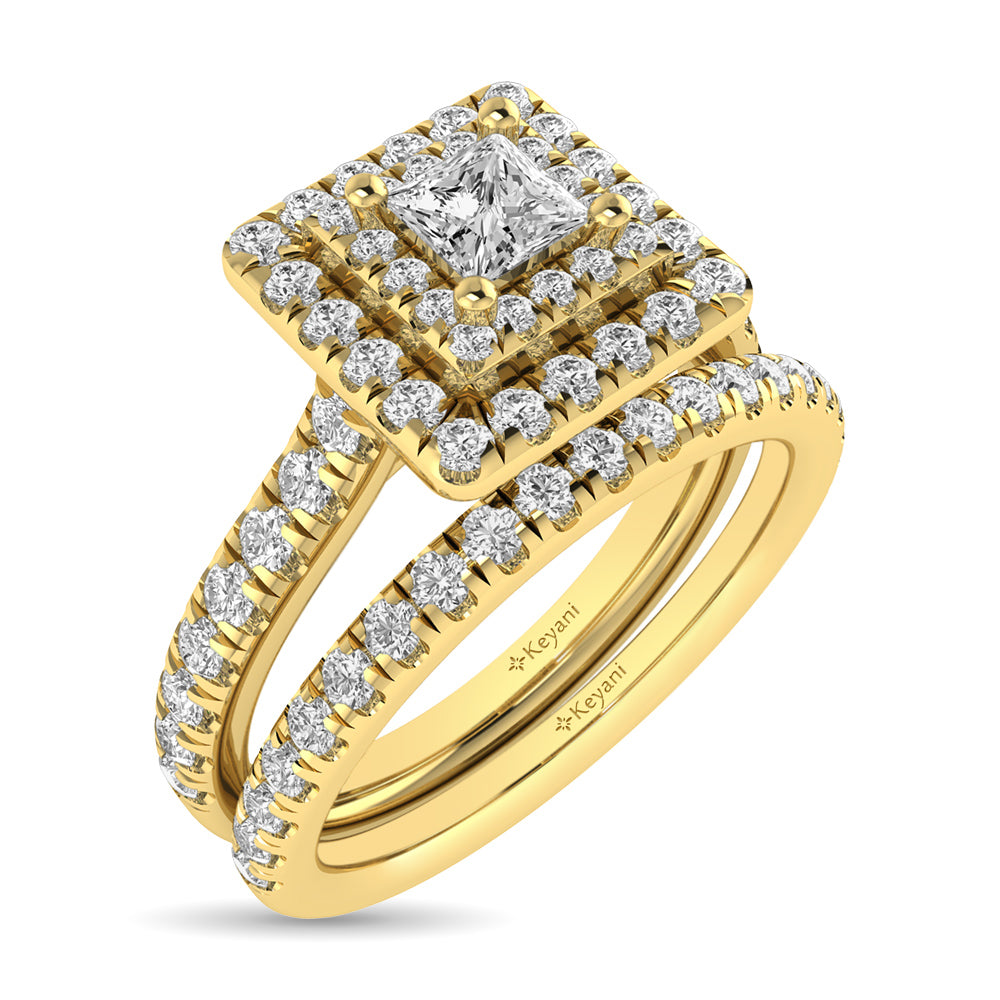 Diamond Classic Shank Double Halo Bridal Ring 1 Ct.tw Princess Cut in 14K Yellow Gold