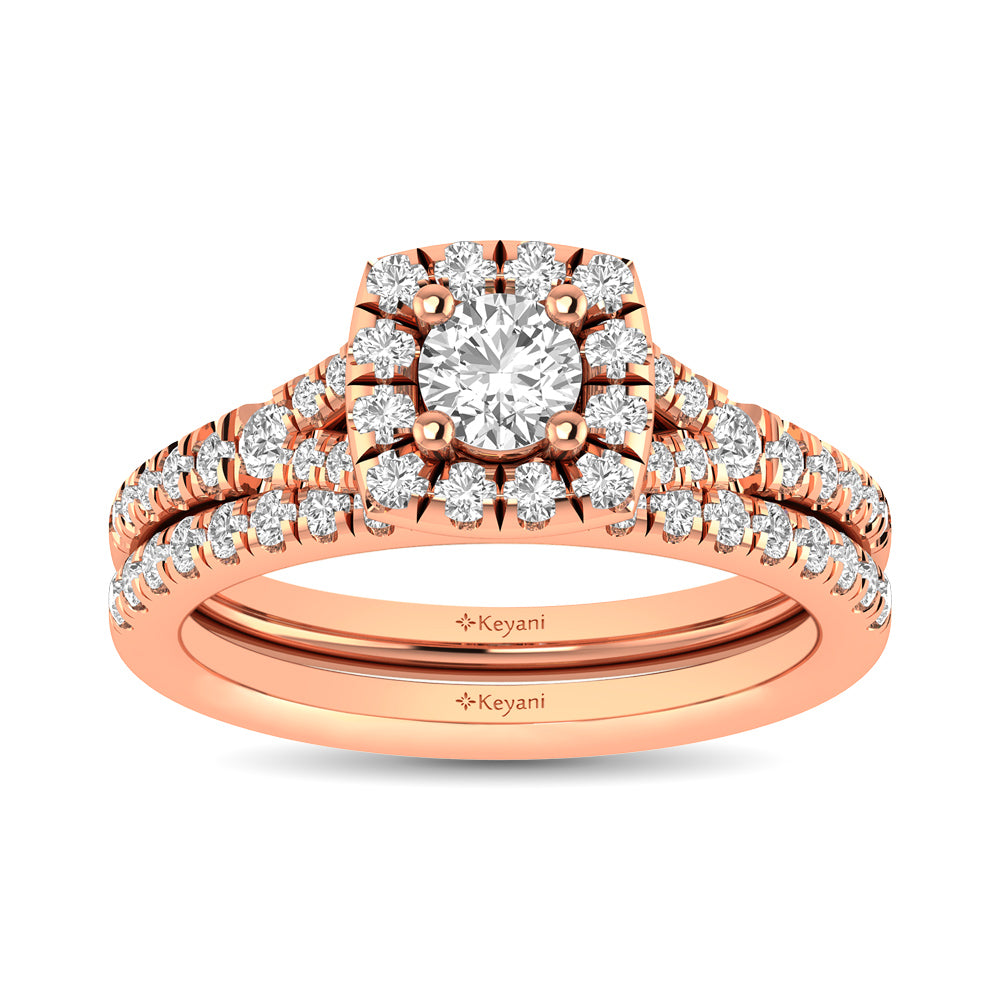 Diamond  Split Shank Single Halo Bridal Ring 1 Ct.tw Round Cut in 14K Rose Gold
