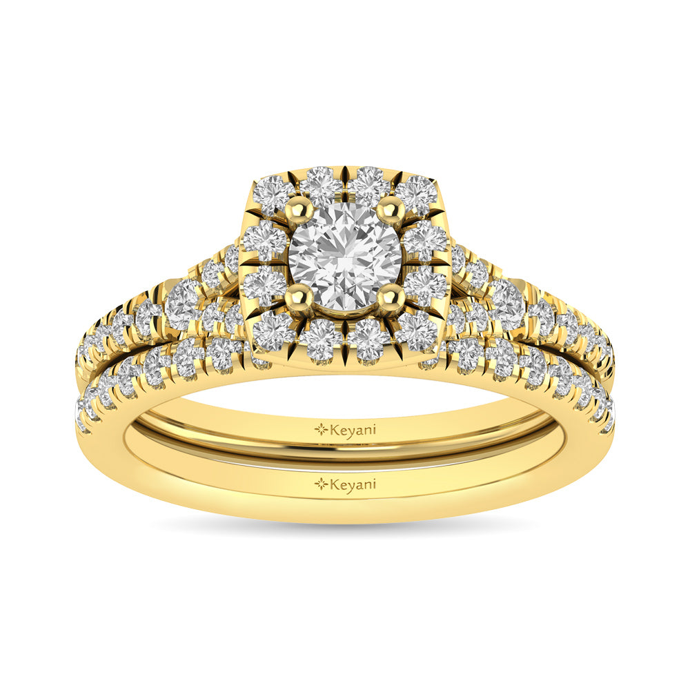 Diamond  Split Shank Single Halo Bridal Ring 1 Ct.tw Round Cut in 14K Yellow Gold