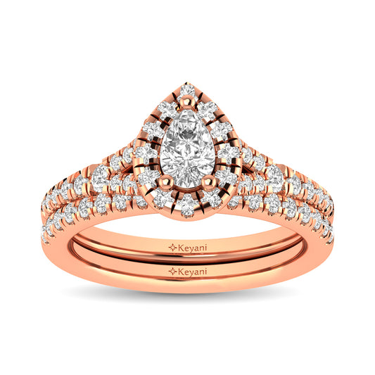 Diamond  Split Shank Single Halo Bridal Ring 1 Ct.tw Pear Cut in 14K Rose Gold