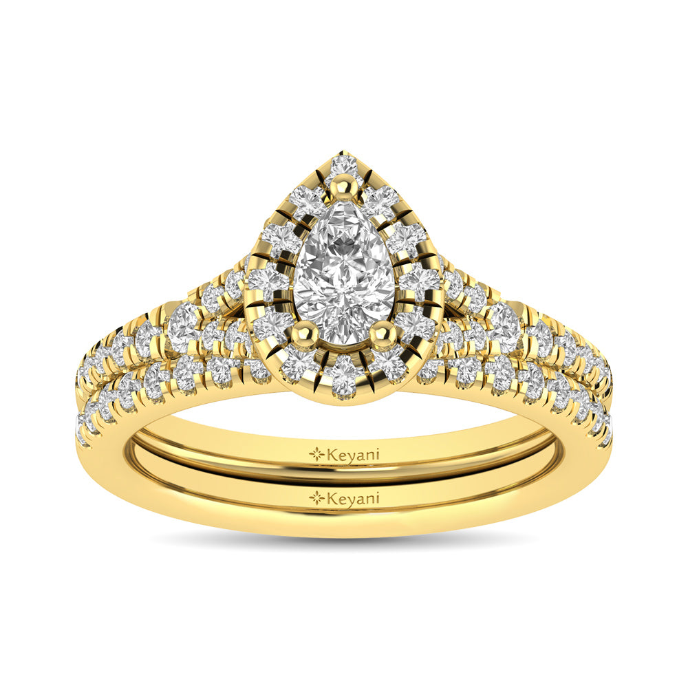 Diamond  Split Shank Single Halo Bridal Ring 1 Ct.tw Pear Cut in 14K Yellow Gold