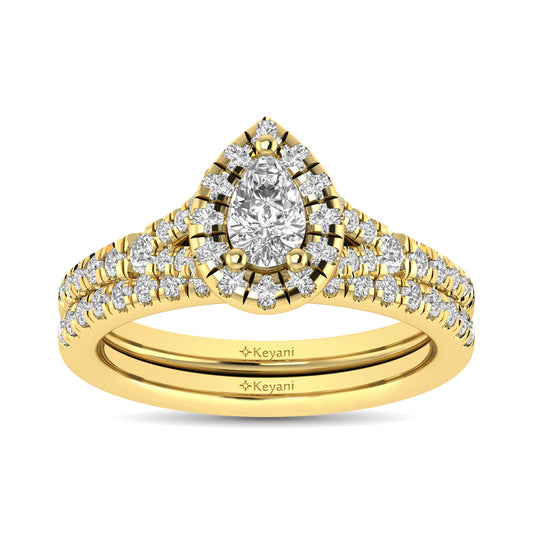 Diamond  Split Shank Single Halo Bridal Ring 1 Ct.tw Pear Cut in 14K Yellow Gold