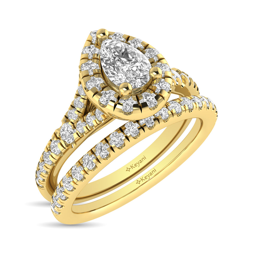 Diamond  Split Shank Single Halo Bridal Ring 1 Ct.tw Pear Cut in 14K Yellow Gold