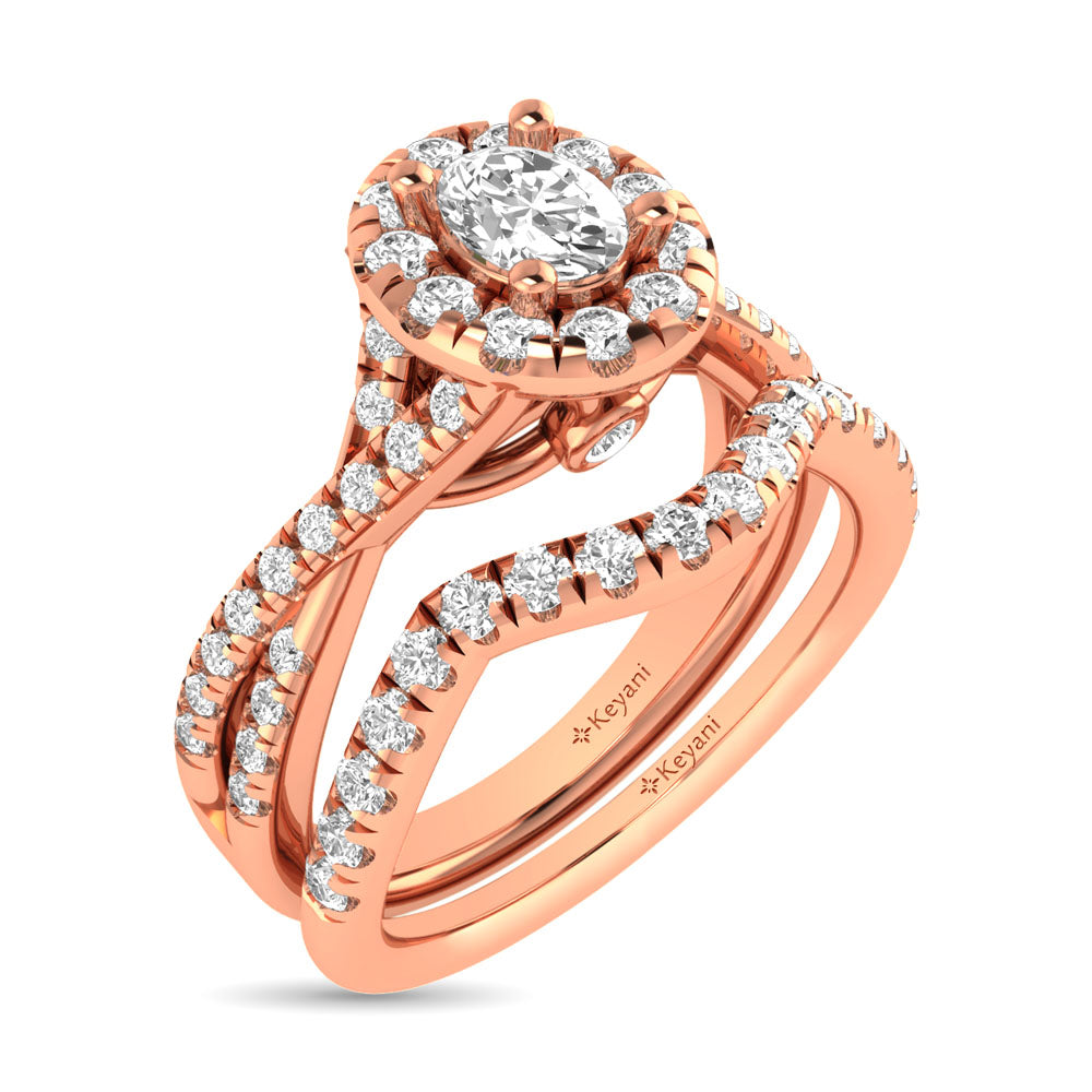 Diamond  Twist Shank Single Halo Bridal Ring 1 Ct.tw Oval Cut in 14K Rose Gold