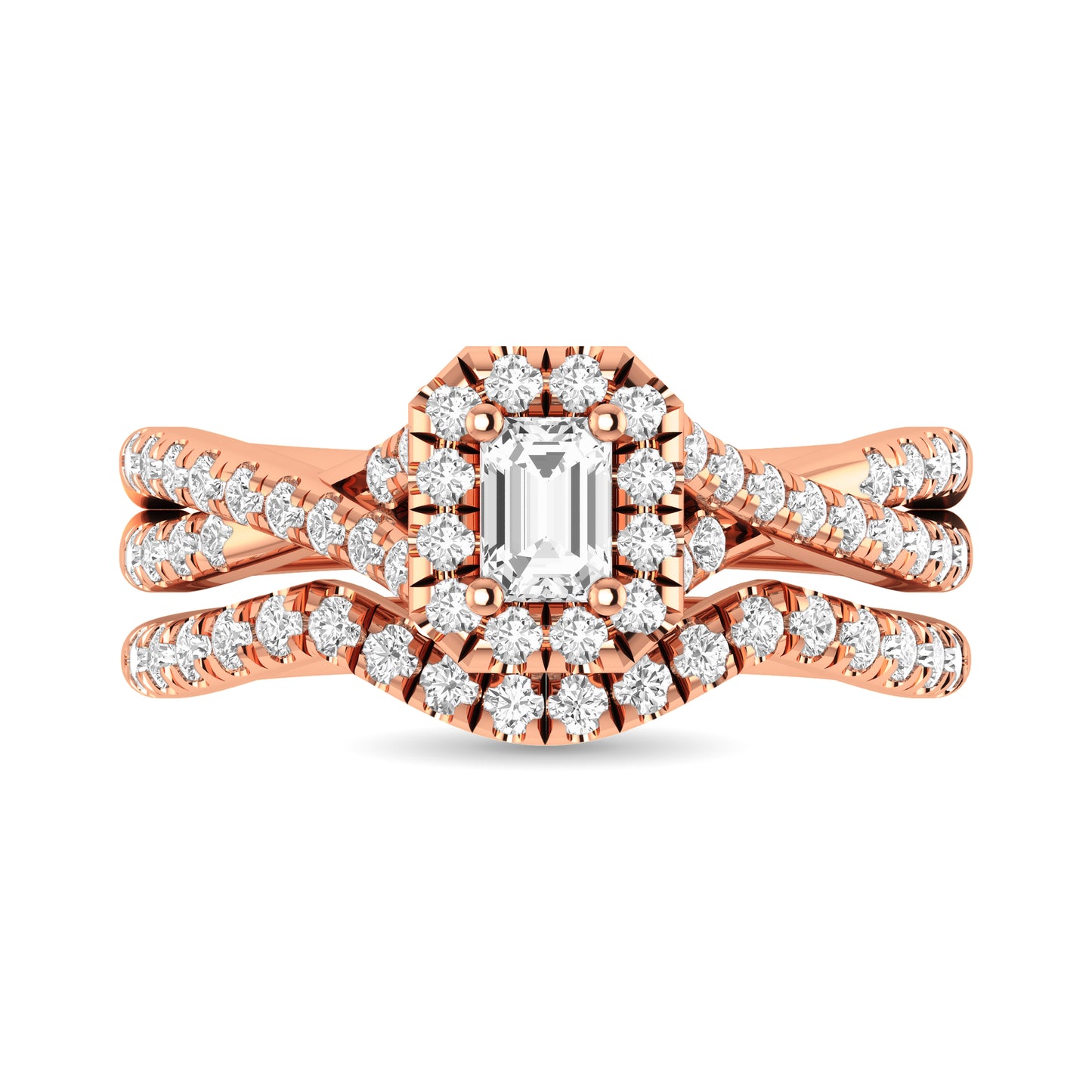 Diamond  Twist Shank Single Halo Bridal Ring 1 Ct.tw Emerald Cut in 14K Rose Gold