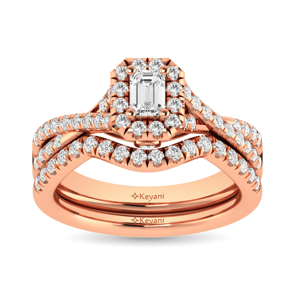 Diamond  Twist Shank Single Halo Bridal Ring 1 Ct.tw Emerald Cut in 14K Rose Gold