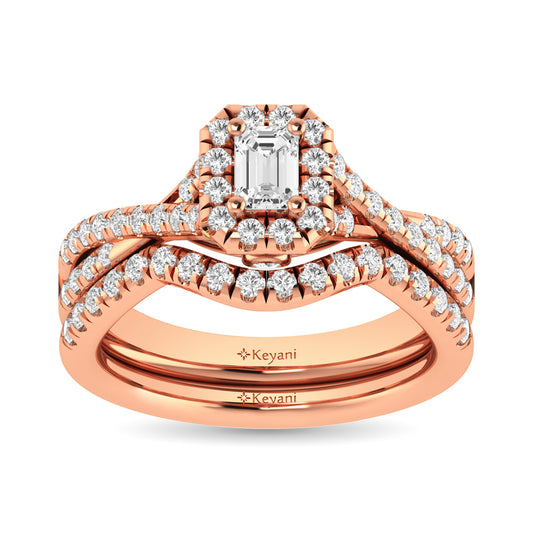 Diamond  Twist Shank Single Halo Bridal Ring 1 Ct.tw Emerald Cut in 14K Rose Gold