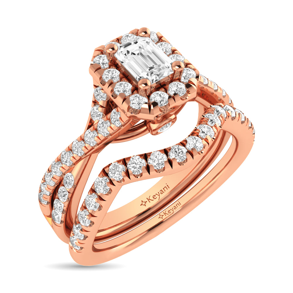 Diamond  Twist Shank Single Halo Bridal Ring 1 Ct.tw Emerald Cut in 14K Rose Gold