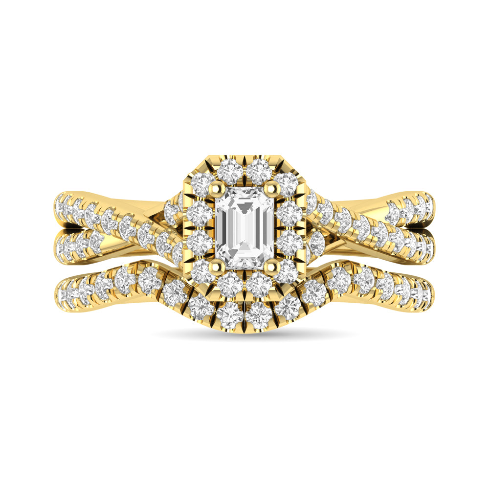 Diamond  Twist Shank Single Halo Bridal Ring 1 Ct.tw Emerald Cut in 14K Yellow Gold