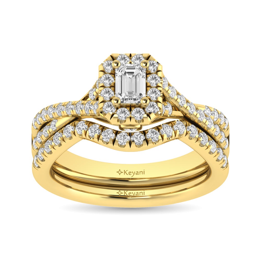 Diamond  Twist Shank Single Halo Bridal Ring 1 Ct.tw Emerald Cut in 14K Yellow Gold