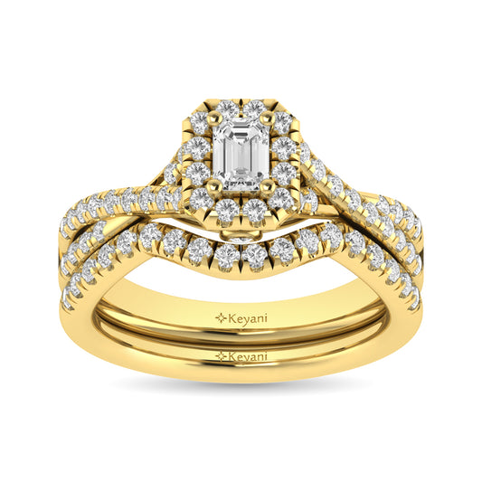 Diamond  Twist Shank Single Halo Bridal Ring 1 Ct.tw Emerald Cut in 14K Yellow Gold