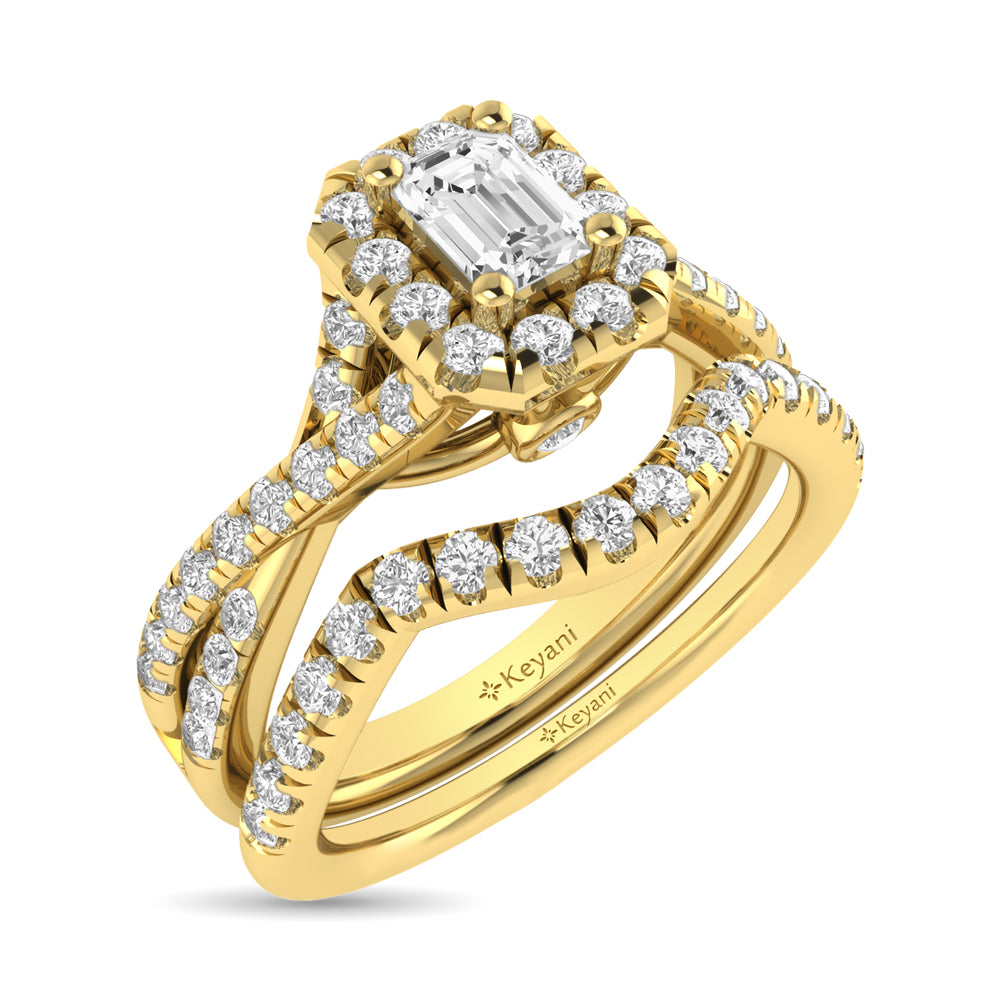 Diamond  Twist Shank Single Halo Bridal Ring 1 Ct.tw Emerald Cut in 14K Yellow Gold