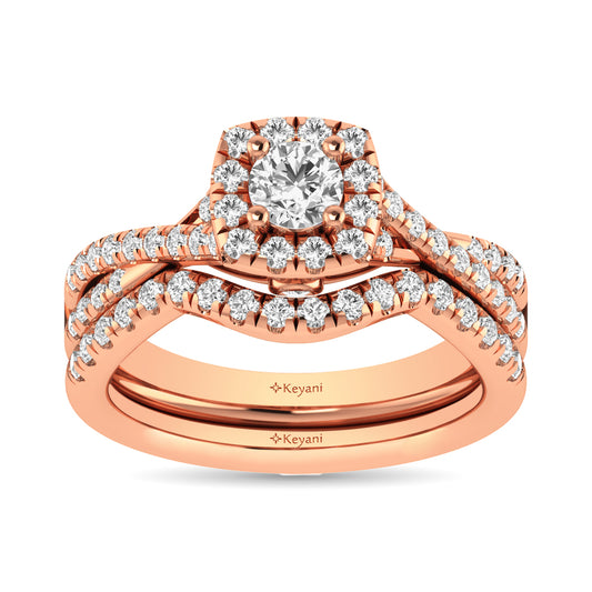 Diamond  Twist Shank Single Halo Bridal Ring 1 Ct.tw Round Cut in 14K Rose Gold