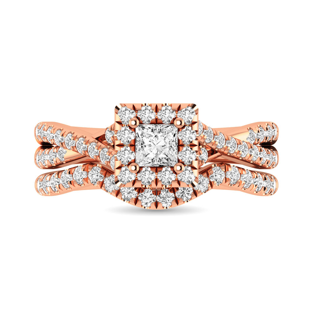 Diamond  Twist Shank Single Halo Bridal Ring 1 Ct.tw Princess Cut in 14K Rose Gold