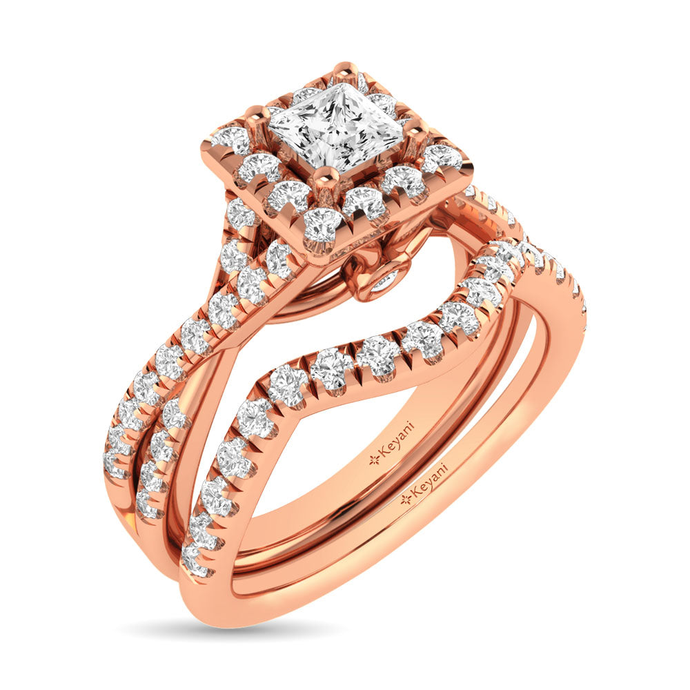 Diamond  Twist Shank Single Halo Bridal Ring 1 Ct.tw Princess Cut in 14K Rose Gold
