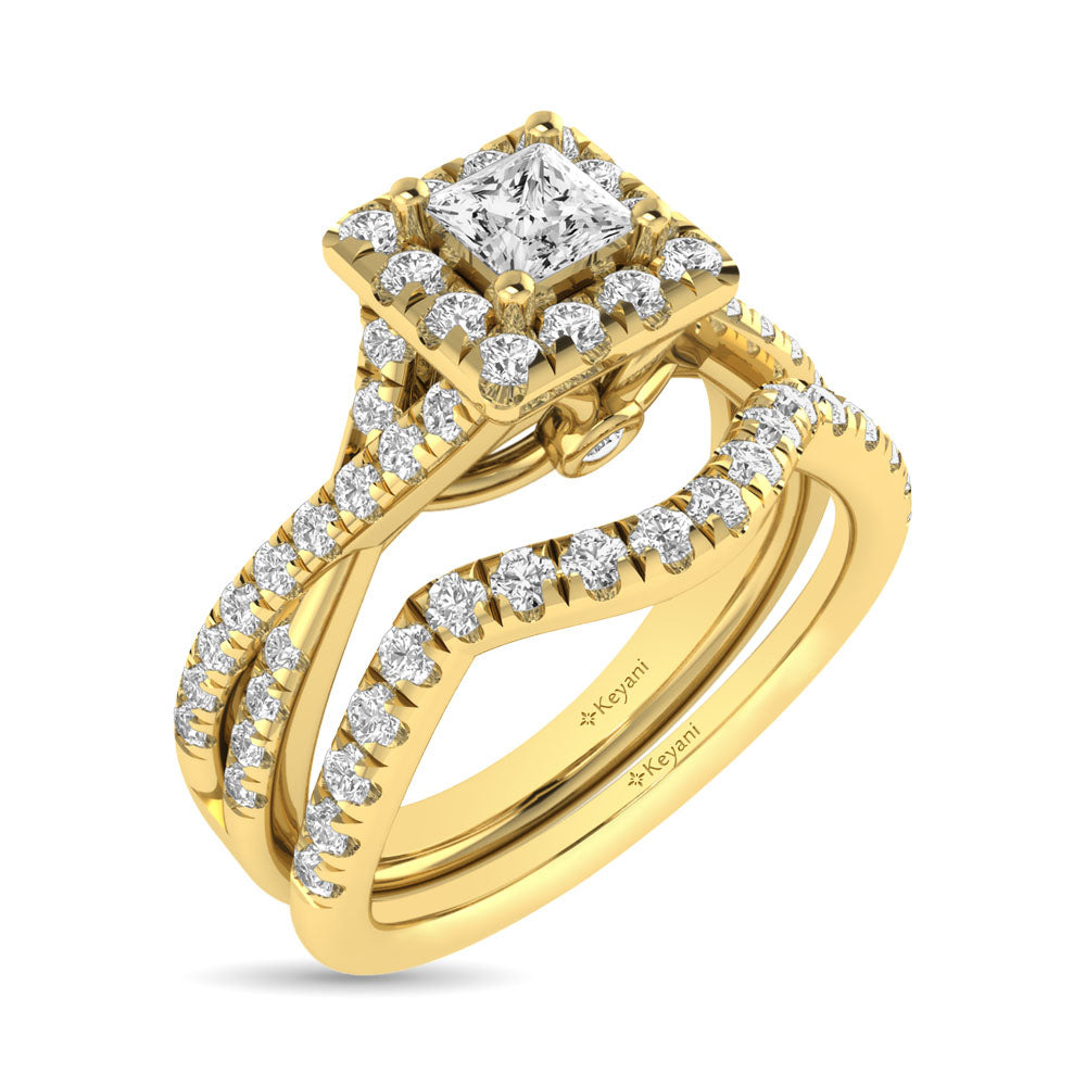 Diamond  Twist Shank Single Halo Bridal Ring 1 Ct.tw Princess Cut in 14K Yellow Gold