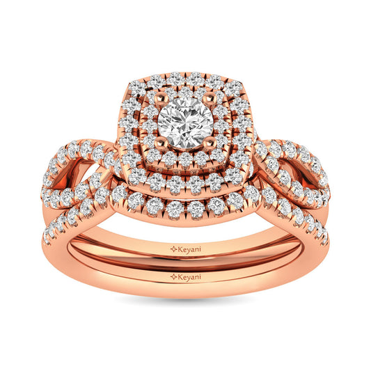 Diamond  Twist Shank Double Halo Bridal Ring 3/4 Ct.tw Round Cut in 14K Rose Gold