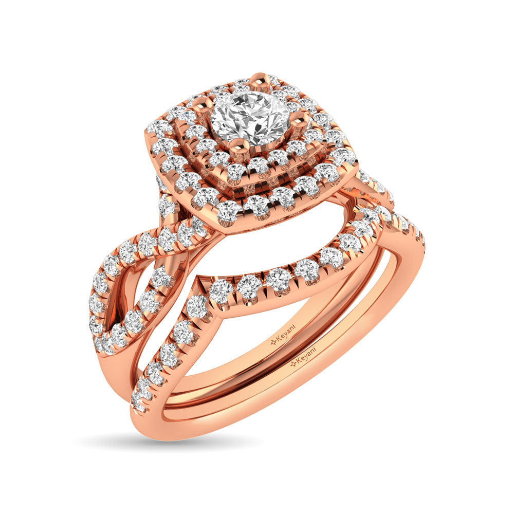 Diamond  Twist Shank Double Halo Bridal Ring 3/4 Ct.tw Round Cut in 14K Rose Gold