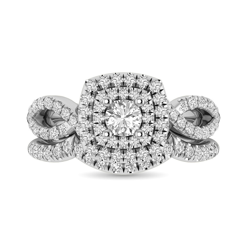 Diamond Twist Shank Double Halo Bridal Ring 3/4 Ct.tw Round Cut in 14K White Gold