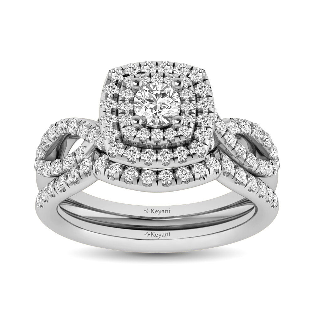 Diamond Twist Shank Double Halo Bridal Ring 3/4 Ct.tw Round Cut in 14K White Gold