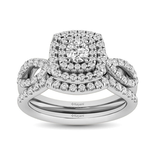 Diamond Twist Shank Double Halo Bridal Ring 3/4 Ct.tw Round Cut in 14K White Gold