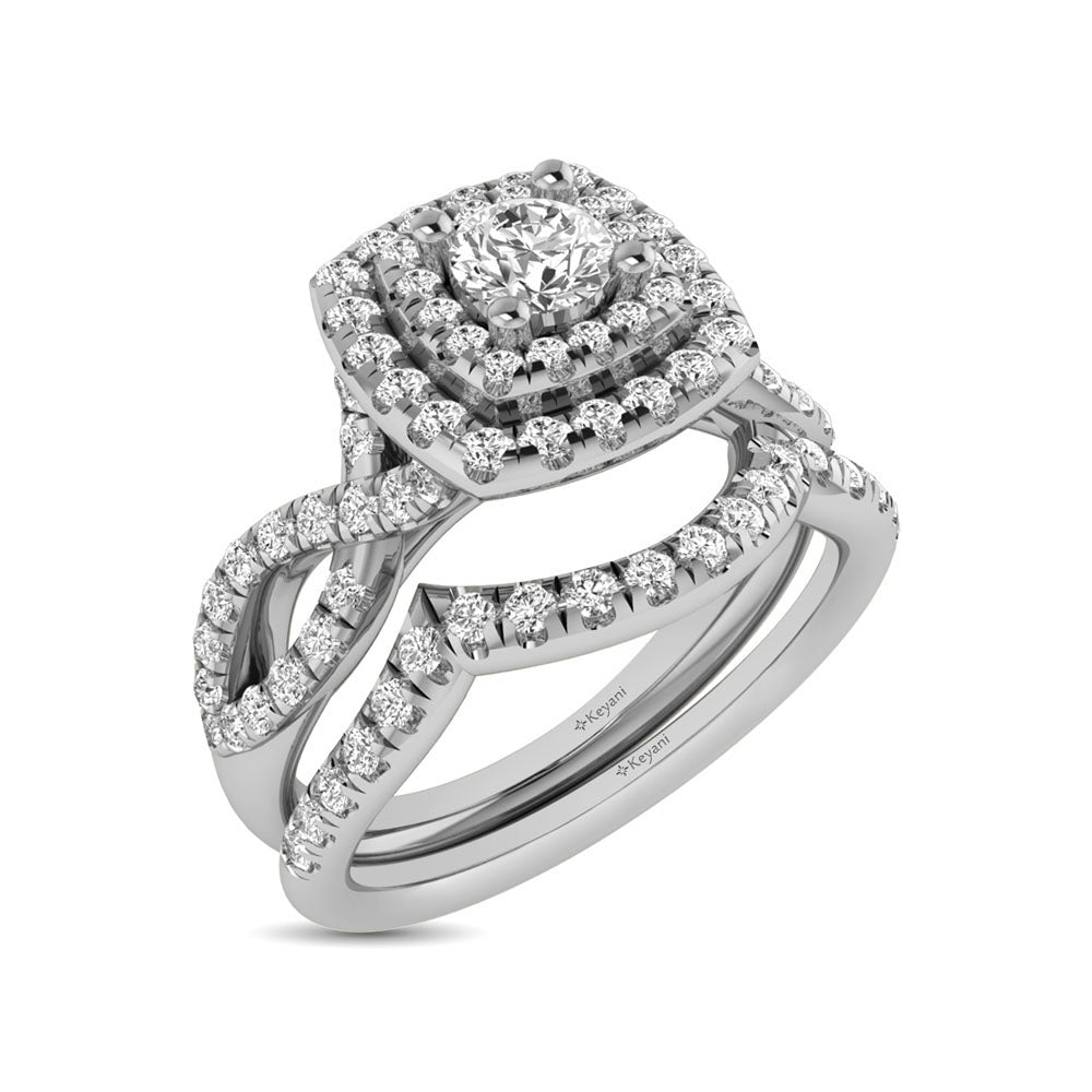 Diamond Twist Shank Double Halo Bridal Ring 3/4 Ct.tw Round Cut in 14K White Gold