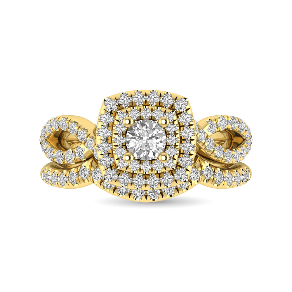 Diamond  Twist Shank Double Halo Bridal Ring 3/4 Ct.tw Round Cut in 14K Yellow Gold