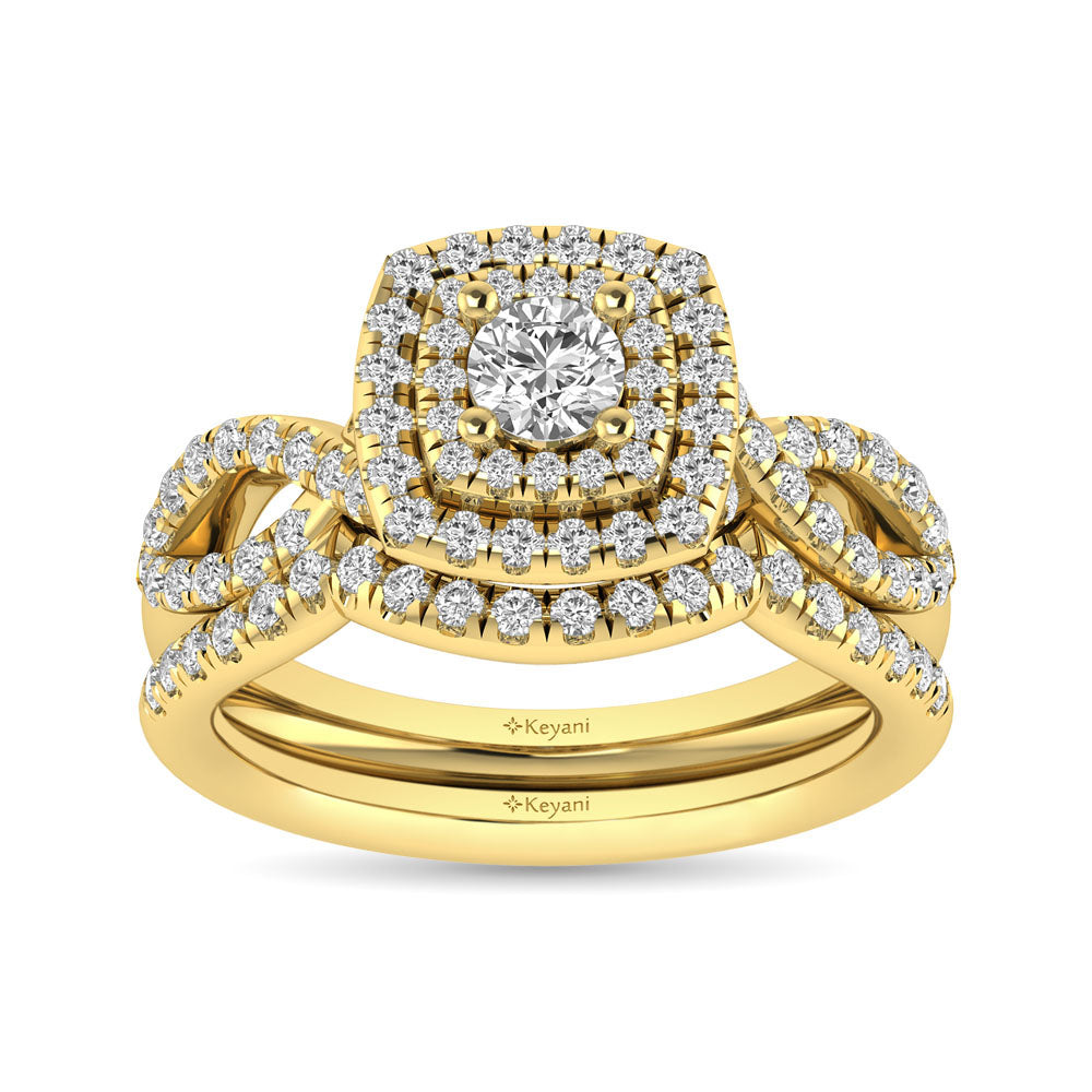 Diamond  Twist Shank Double Halo Bridal Ring 3/4 Ct.tw Round Cut in 14K Yellow Gold