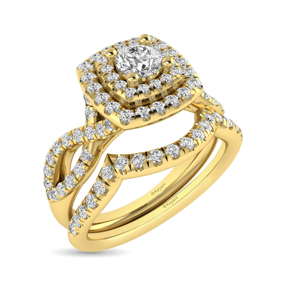 Diamond  Twist Shank Double Halo Bridal Ring 3/4 Ct.tw Round Cut in 14K Yellow Gold