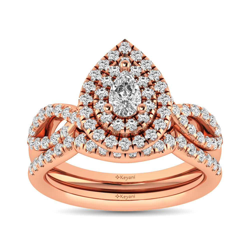Diamond  Twist Shank Double Halo Bridal Ring 3/4 Ct.tw Pear Cut in 14K Rose Gold