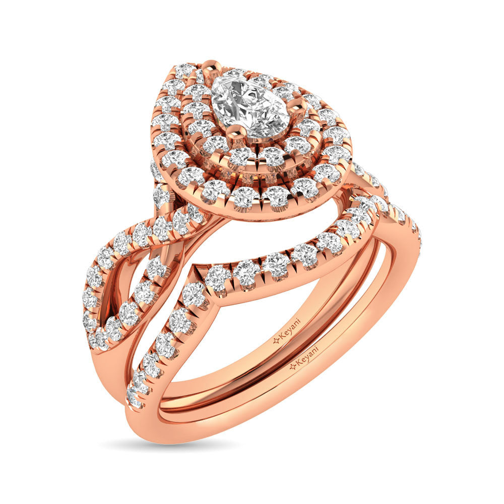 Diamond  Twist Shank Double Halo Bridal Ring 3/4 Ct.tw Pear Cut in 14K Rose Gold