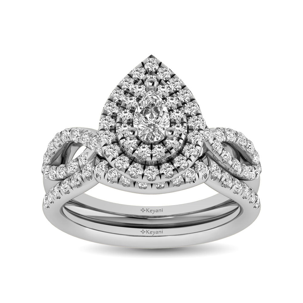 Diamond Twist Shank Double Halo Bridal Ring 3/4 Ct.tw Pear Cut in 14K White Gold