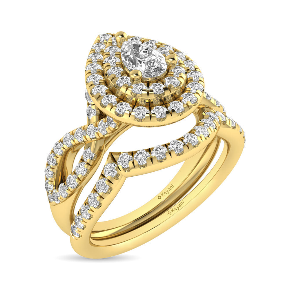 Diamond  Twist Shank Double Halo Bridal Ring 3/4 Ct.tw Pear Cut in 14K Yellow Gold