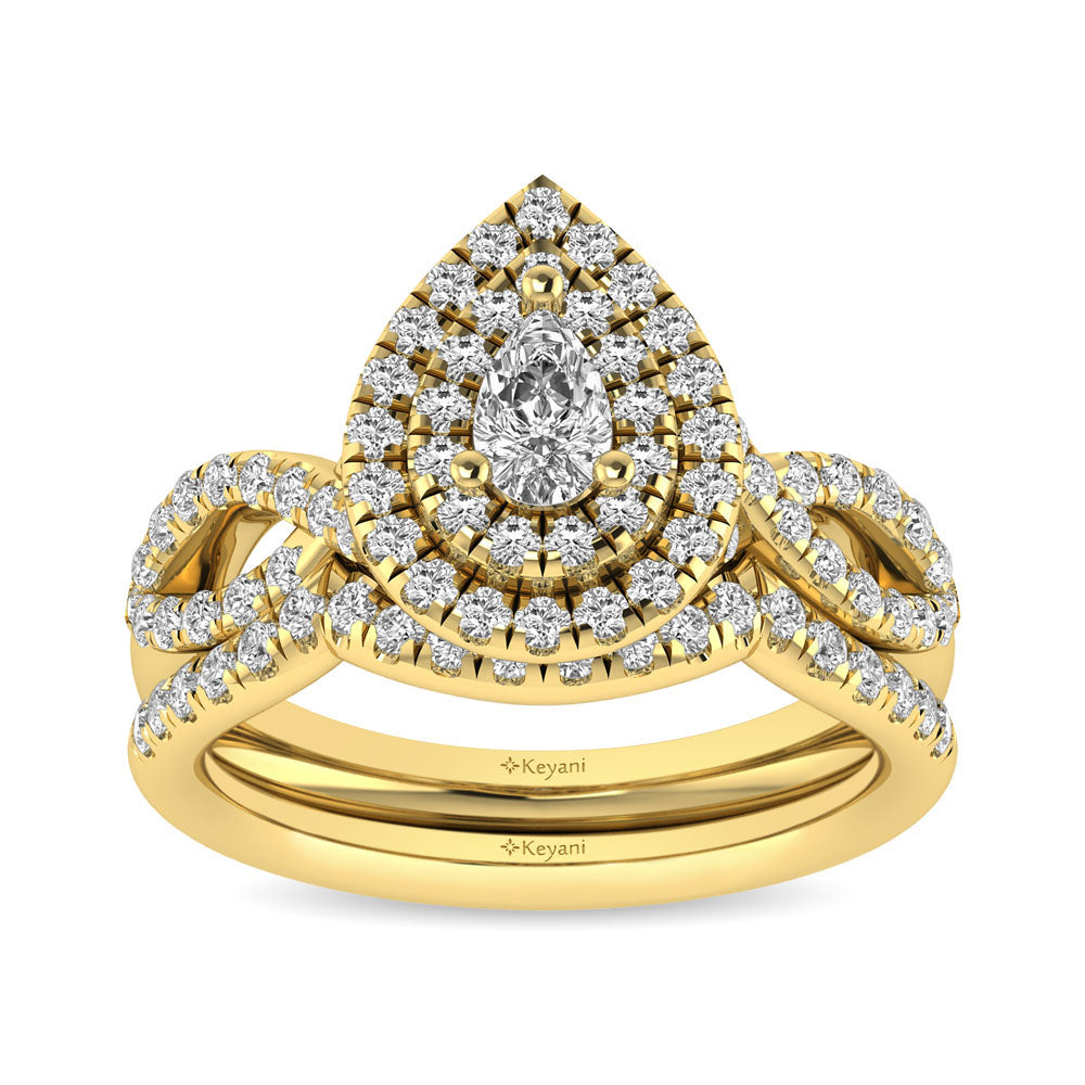 Diamond  Twist Shank Double Halo Bridal Ring 3/4 Ct.tw Pear Cut in 14K Yellow Gold