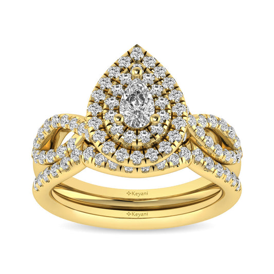 Diamond  Twist Shank Double Halo Bridal Ring 3/4 Ct.tw Pear Cut in 14K Yellow Gold