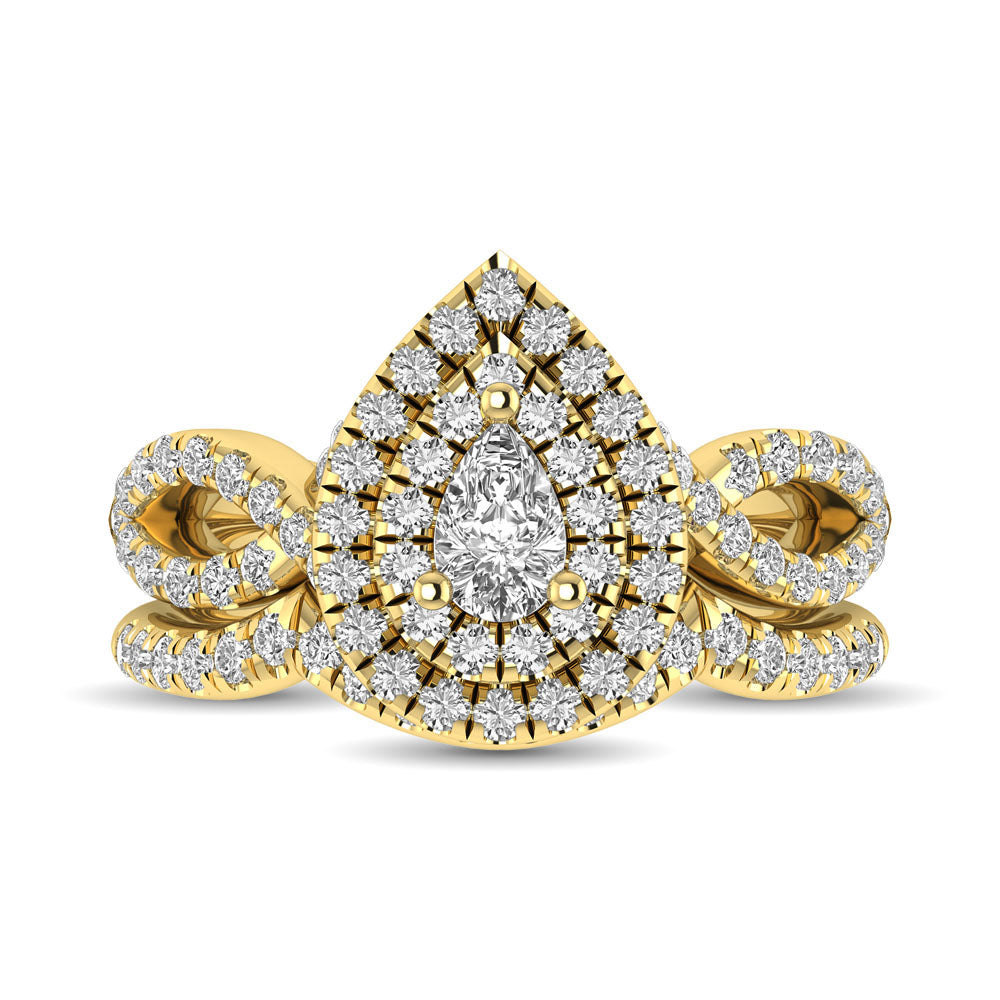 Diamond  Twist Shank Double Halo Bridal Ring 3/4 Ct.tw Pear Cut in 14K Yellow Gold