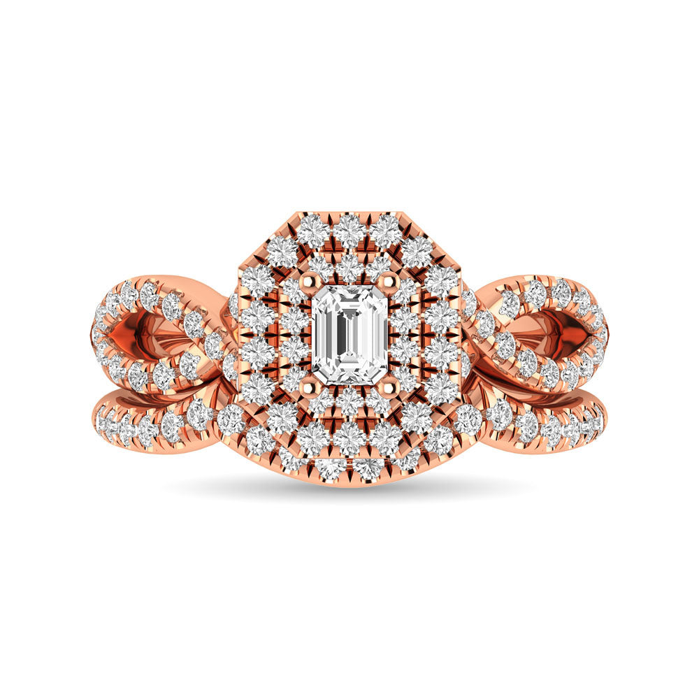 Diamond  Twist Shank Double Halo Bridal Ring 3/4 Ct.tw Emerald Cut in 14K Rose Gold