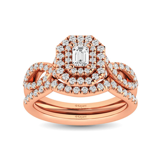 Diamond  Twist Shank Double Halo Bridal Ring 3/4 Ct.tw Emerald Cut in 14K Rose Gold