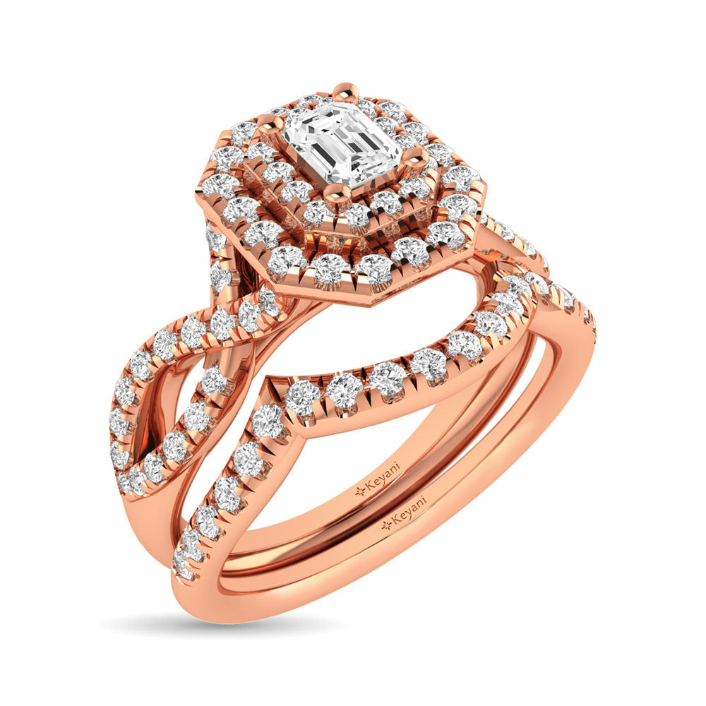 Diamond  Twist Shank Double Halo Bridal Ring 3/4 Ct.tw Emerald Cut in 14K Rose Gold