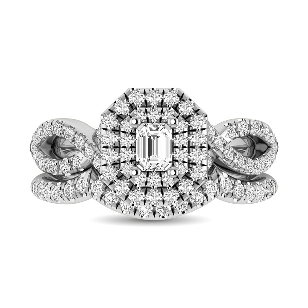 Diamond Twist Shank Double Halo Bridal Ring 3/4 Ct.tw Emerald Cut in 14K White Gold