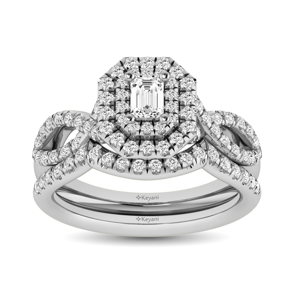 Diamond Twist Shank Double Halo Bridal Ring 3/4 Ct.tw Emerald Cut in 14K White Gold