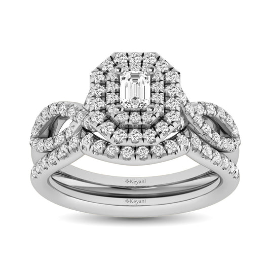 Diamond Twist Shank Double Halo Bridal Ring 3/4 Ct.tw Emerald Cut in 14K White Gold