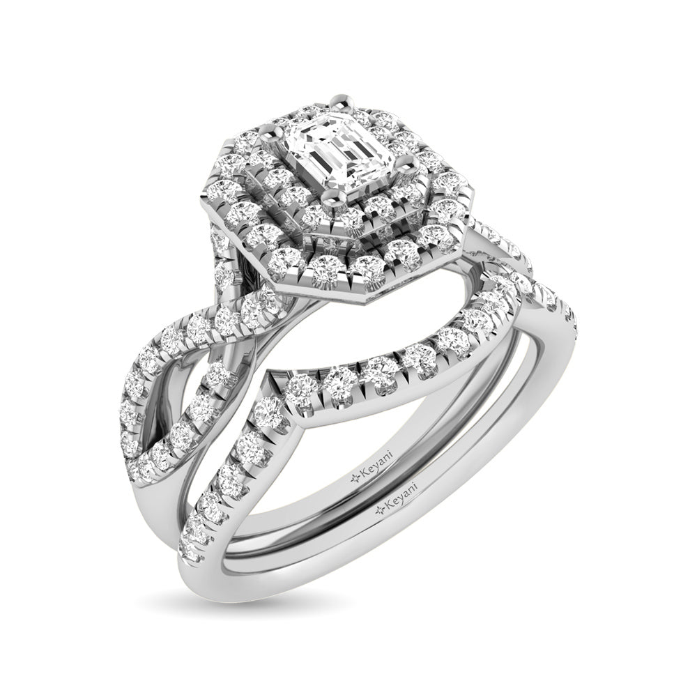 Diamond Twist Shank Double Halo Bridal Ring 3/4 Ct.tw Emerald Cut in 14K White Gold