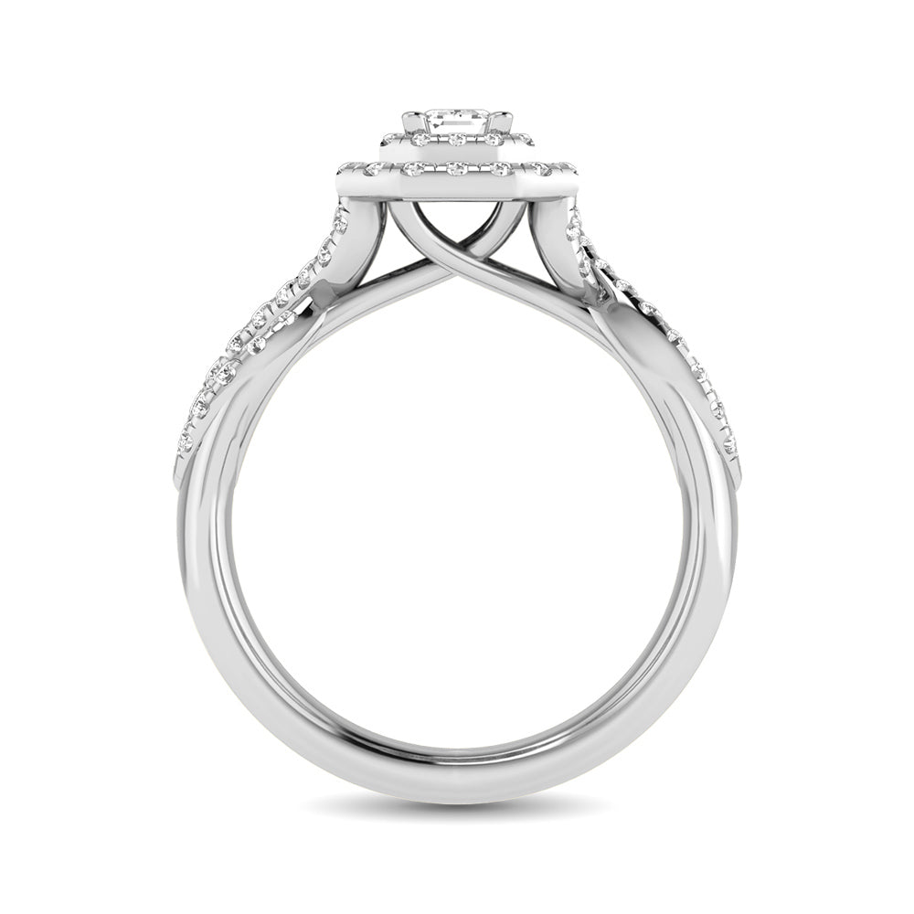 Diamond Twist Shank Double Halo Bridal Ring 3/4 Ct.tw Emerald Cut in 14K White Gold