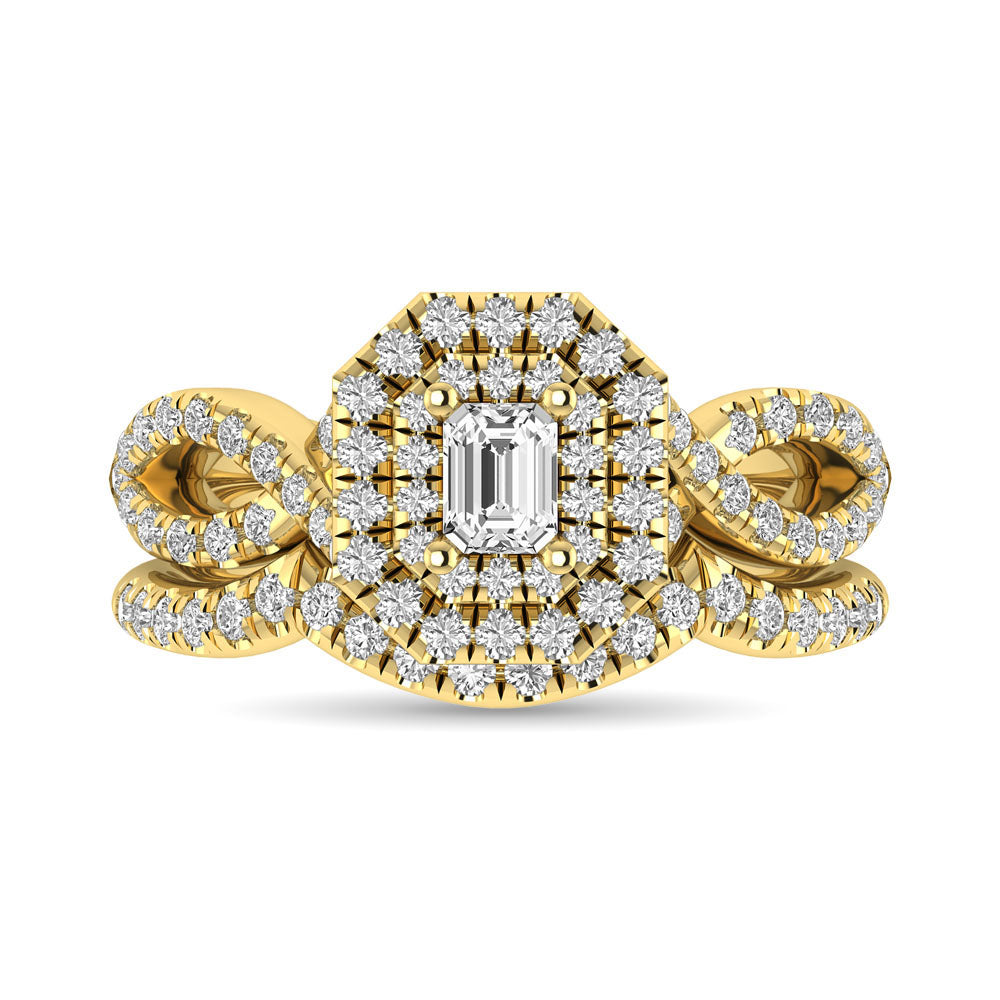 Diamond  Twist Shank Double Halo Bridal Ring 3/4 Ct.tw Emerald Cut in 14K Yellow Gold