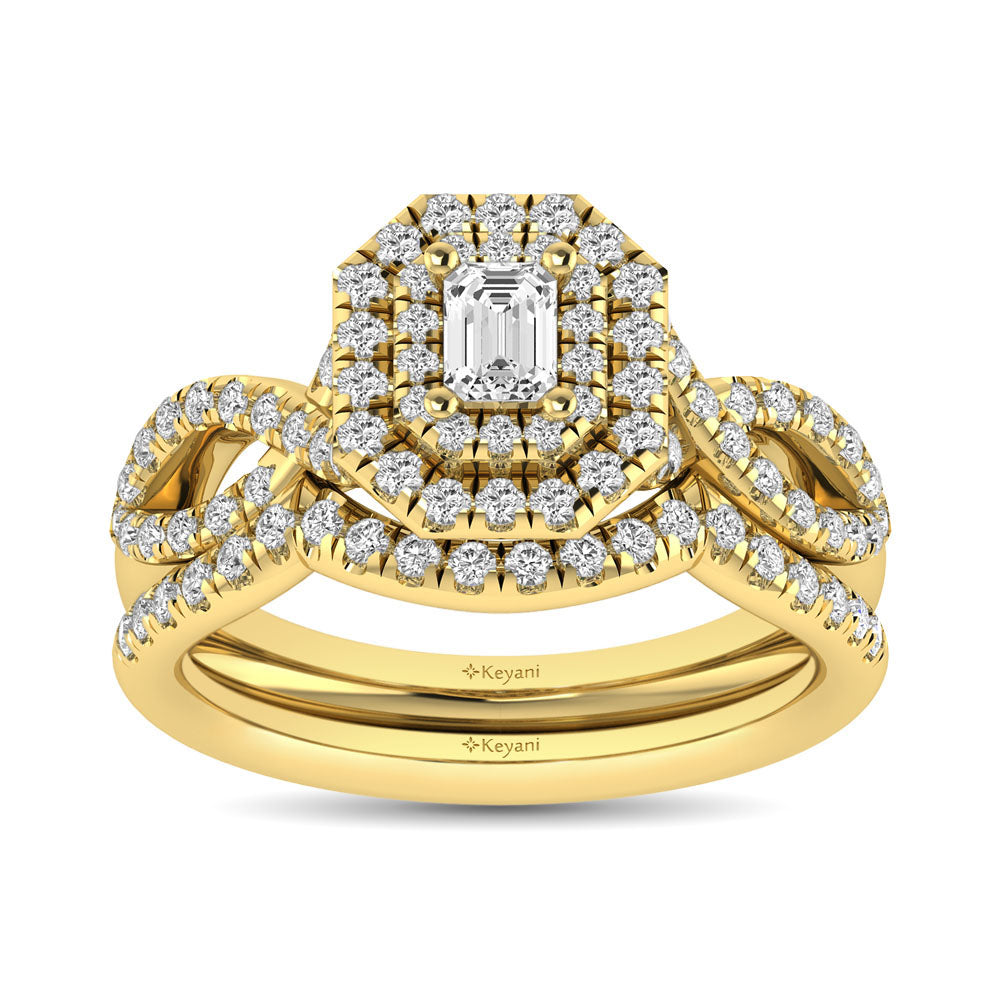 Diamond  Twist Shank Double Halo Bridal Ring 3/4 Ct.tw Emerald Cut in 14K Yellow Gold