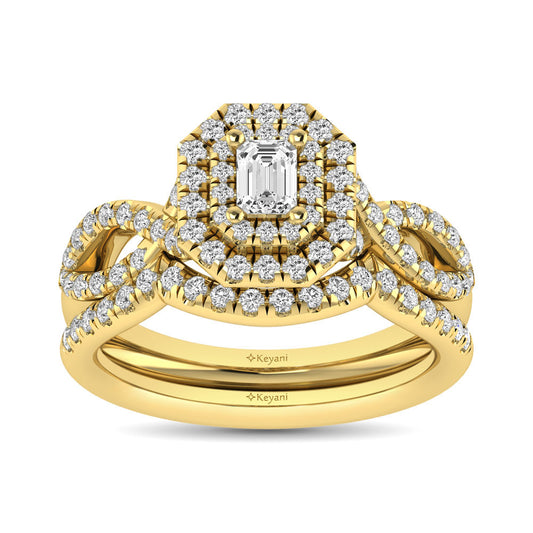 Diamond  Twist Shank Double Halo Bridal Ring 3/4 Ct.tw Emerald Cut in 14K Yellow Gold