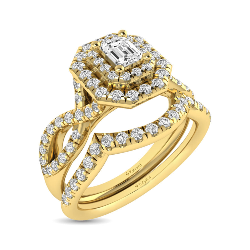 Diamond  Twist Shank Double Halo Bridal Ring 3/4 Ct.tw Emerald Cut in 14K Yellow Gold