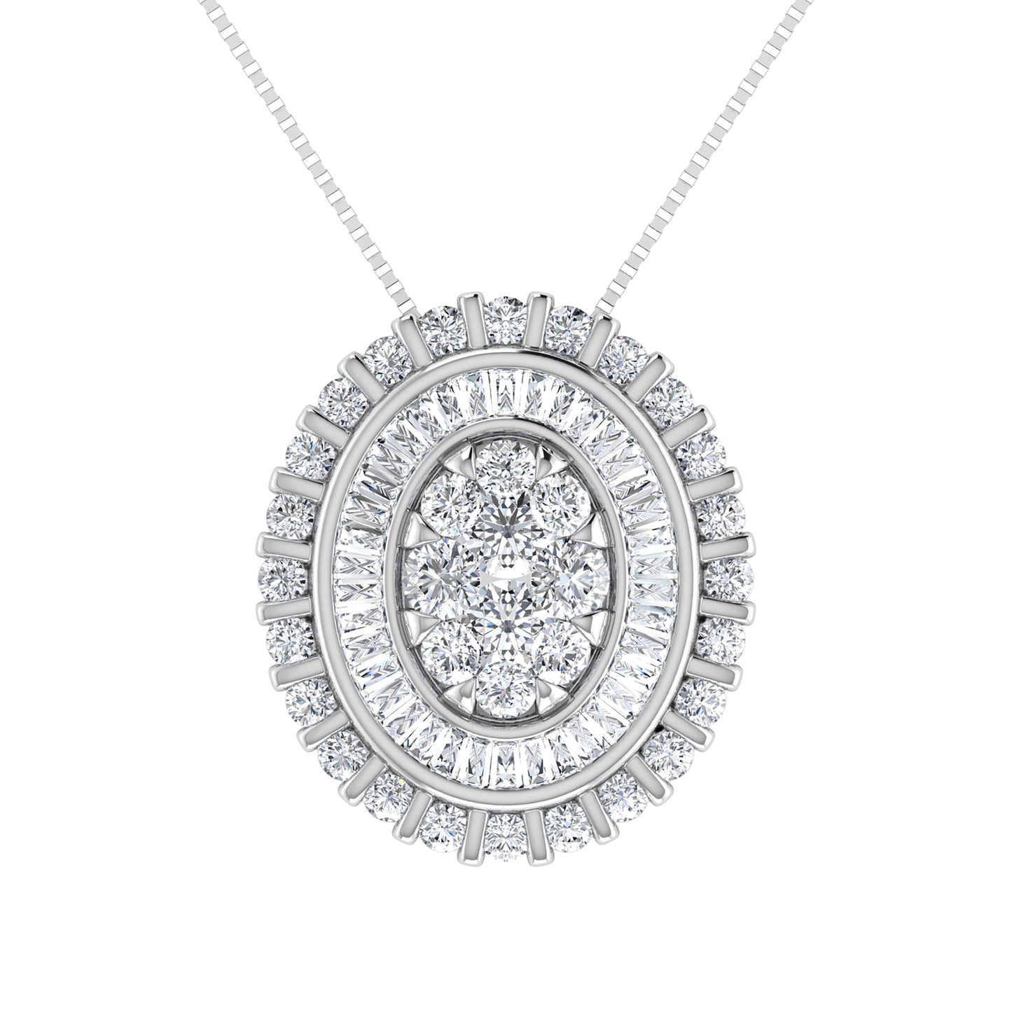 14K White Gold 3/4.Tw. Round and Tapper Diamond Invisible Oval Shape Pendant Pendant