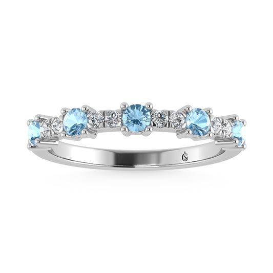 14K White Gold Diamond 3/8 Ct. Tw. Alternate Diamond and Aquamarine Stackable Band